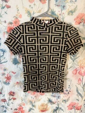 Vintage Mesh Geometric Print Short Sleeve Tee - Black & Cream